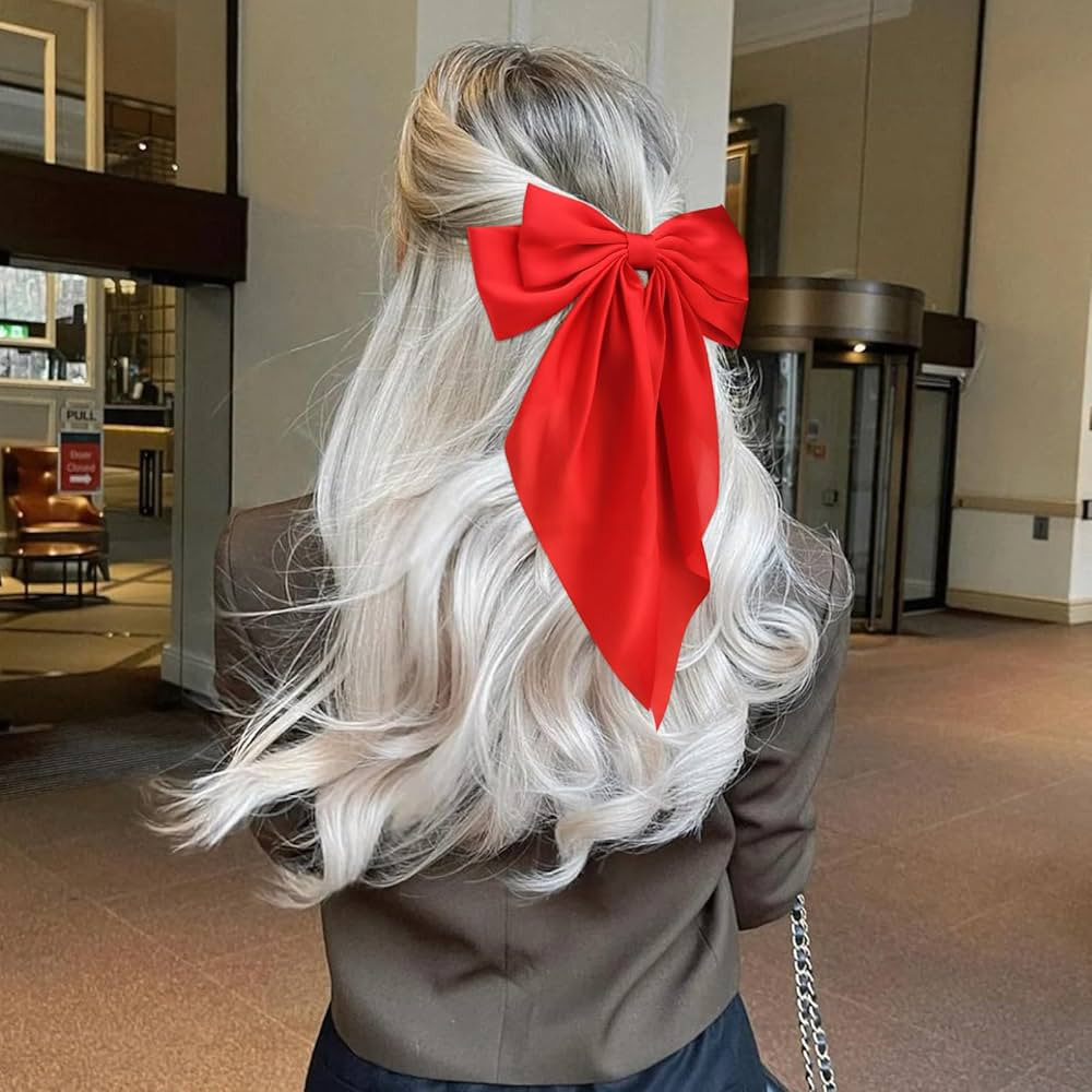 Velscrun Red Hair Bows for Women Girls, Silky Satin Large Coquette Hair Bow, Oversized Hair Ribbons 4Pcs Big Bows Clip Long Tail Bowknot Hair Barrettes Halloween Christmas Bow Hair Accessories | Amazon (US)