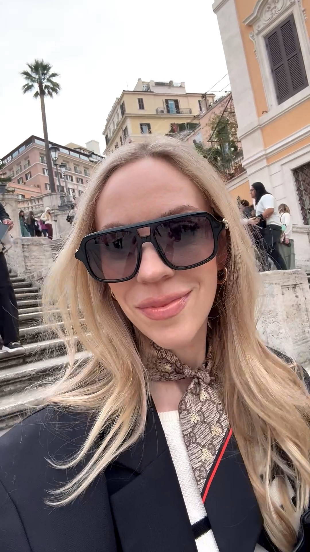 Gucci aviator sunglasses, silk scarf, European vacation look, spring trends