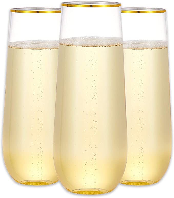 N9R 12 Pack Plastic Champagne Flutes, 9 oz Stemless Disposable Gold Rim Toasting Glasses, Crystal... | Amazon (US)