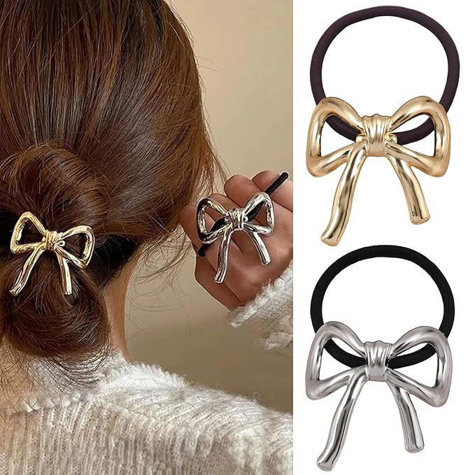 Totelux Metal Bow Hair Ties Small Rubber Band Ponytail Holders Gold Silver Bowknot Ribbon Elastic... | Amazon (US)