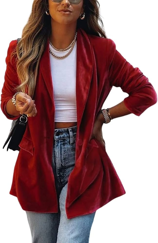 Yimoon Women's Velvet Blazer Suit Open Front Cardigan Jacket Loose Fit Outerwear with Pockets | Amazon (US)
