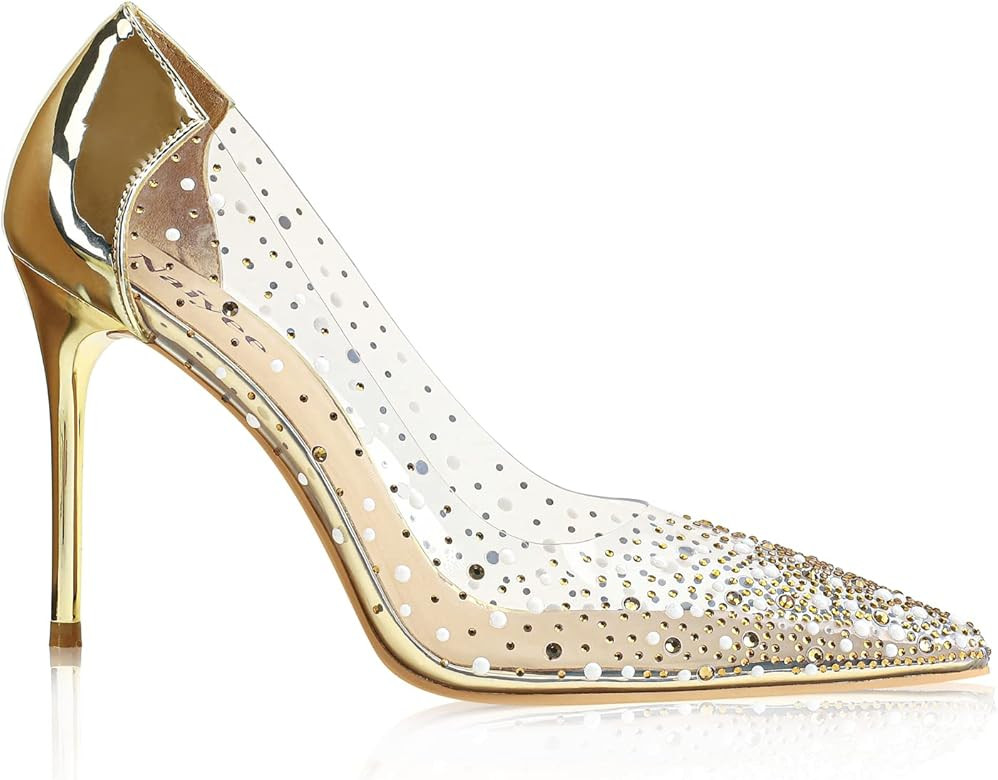 Naiyee Women's High Stiletto Heel, PVC Pumps Crystal Rhinestones 100mm Clear Heels Closed Pointed... | Amazon (US)