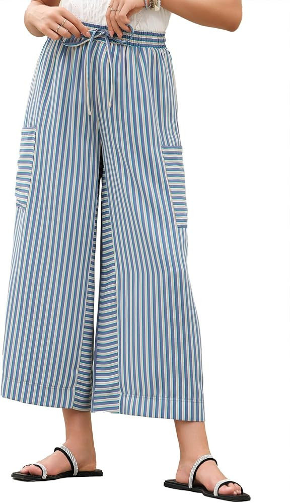 EVALESS Women Palazzo Pants Summer Casual Wide Leg High Waist Lounge Flowy Beach Striped Trousers... | Amazon (US)