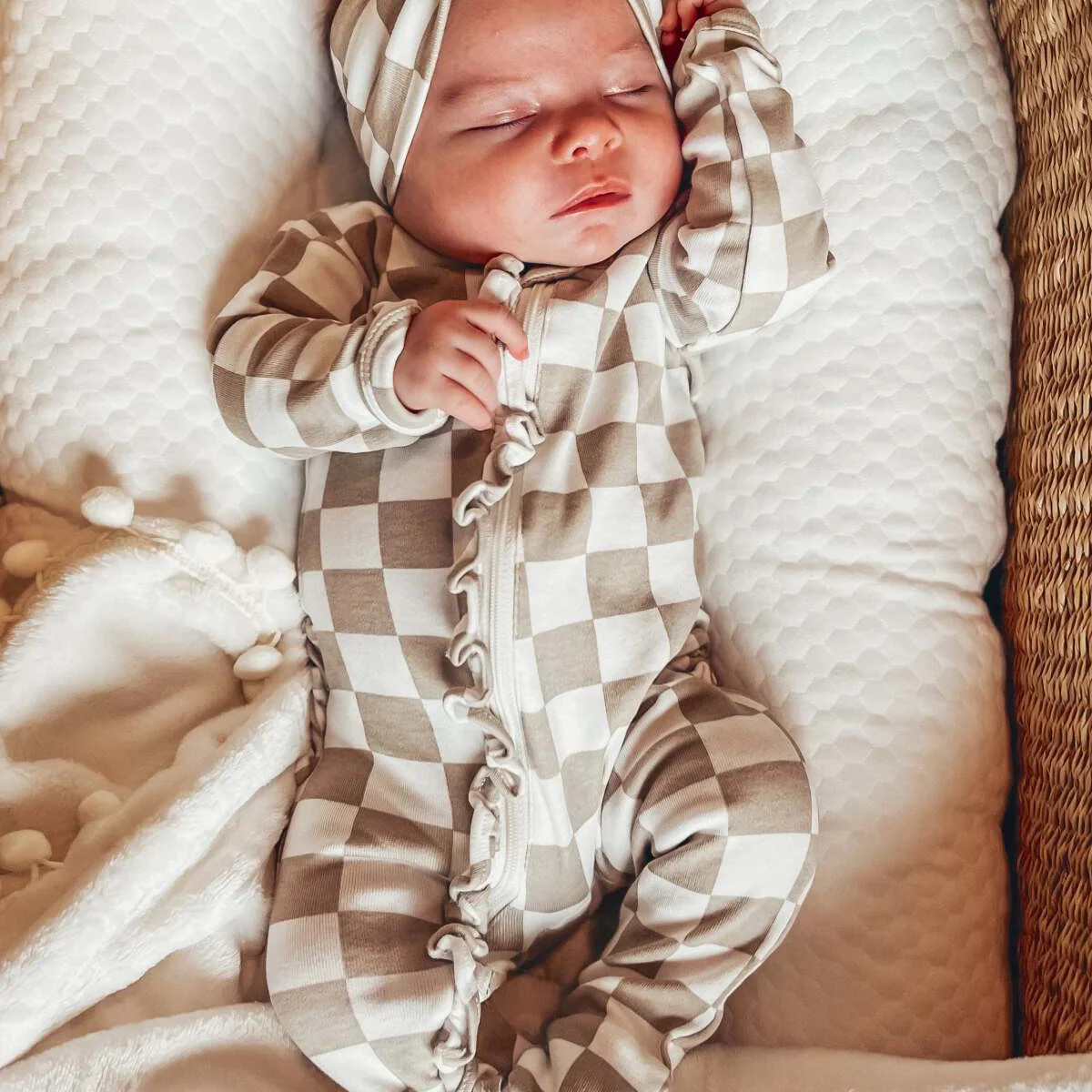 Tiramisu Checkerboard / Organic Frill Zip Footie | SpearmintLOVE