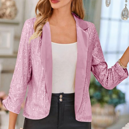 nerohusy Sequin Jacket Sequin Blazer for Women Sparkly Sequin Jacket Ruched 3/4 Sleeve Lapel Open Front Shimmer Glitter Sequin Cardigan 2024 Pink XL | Walmart (US)