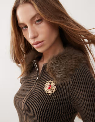 Reclaimed Vintage antique broach with red stone in gold | ASOS (Global)