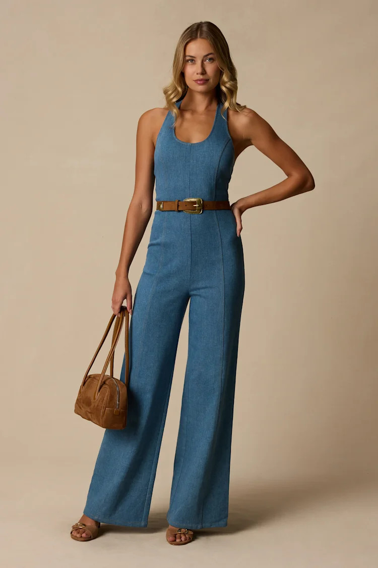 Bowie Medium Wash Denim Wide-Leg Jumpsuit | Lulus