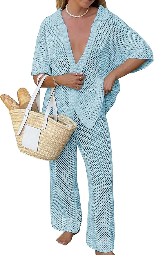 Famulily Womens Sexy Hollow Out Swimsuit Cover Up Sets Button Up Tops and Drawstring Pants 2 Piec... | Amazon (US)