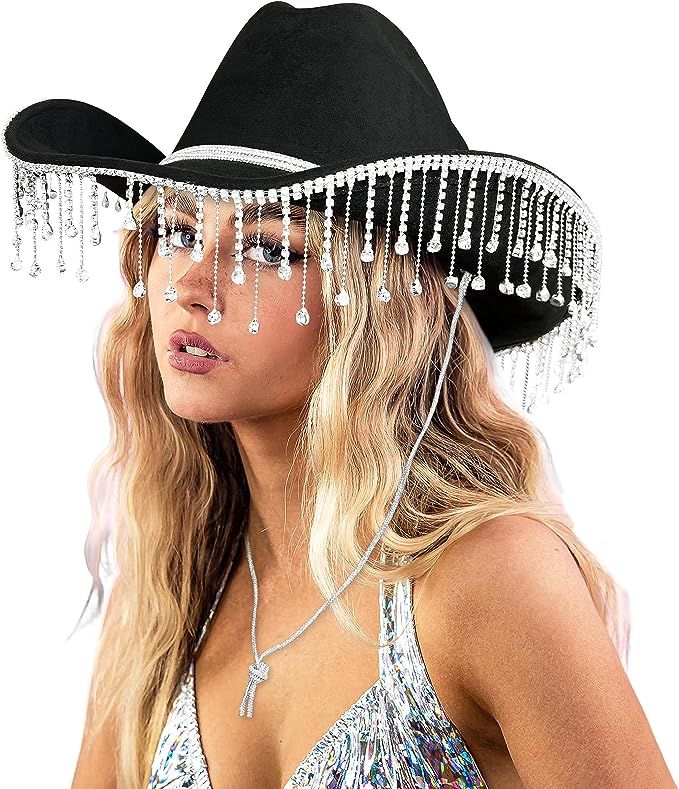 Keilin Cowgirl Hat Rhinestone Fringe Cowboy Hat Disco Cowgirl Outfit for Teens and Adults | Amazon (US)