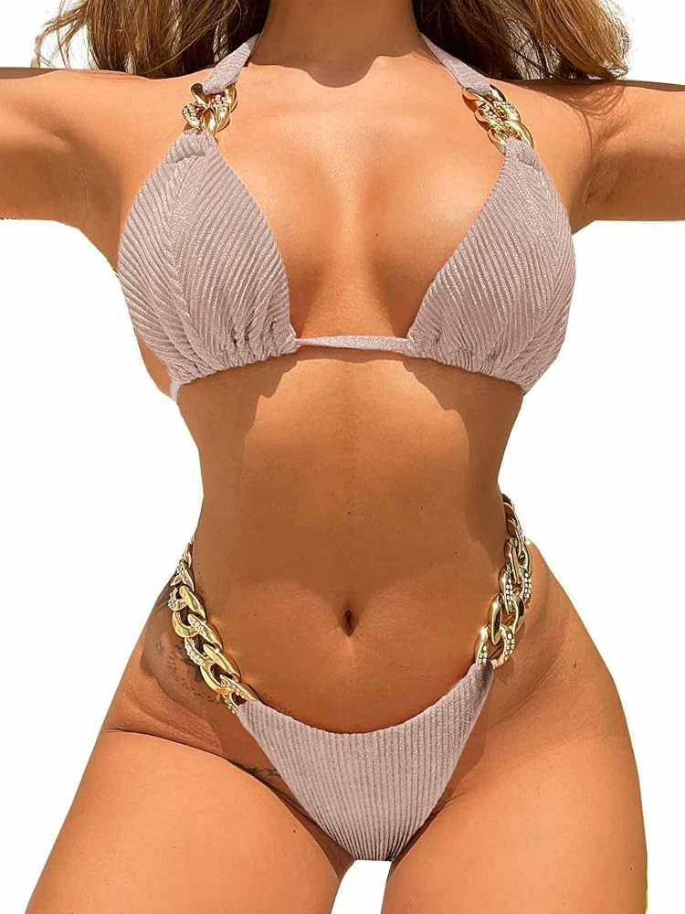 BIKINX Women's Sexy Thong Bikini Crystal Side Bottom Triangle Bikini Halter Swimsuits | Amazon (US)