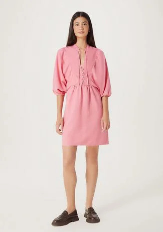 Vestido Curto Manga Média Em Linho - Rosa | Dafiti (BR)