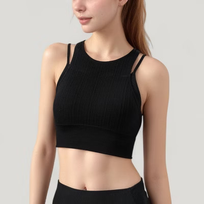 Anna-Kaci Active Women's Ribbed High Neck Crop Top with Double Strap Detail - Medium, Black | Target