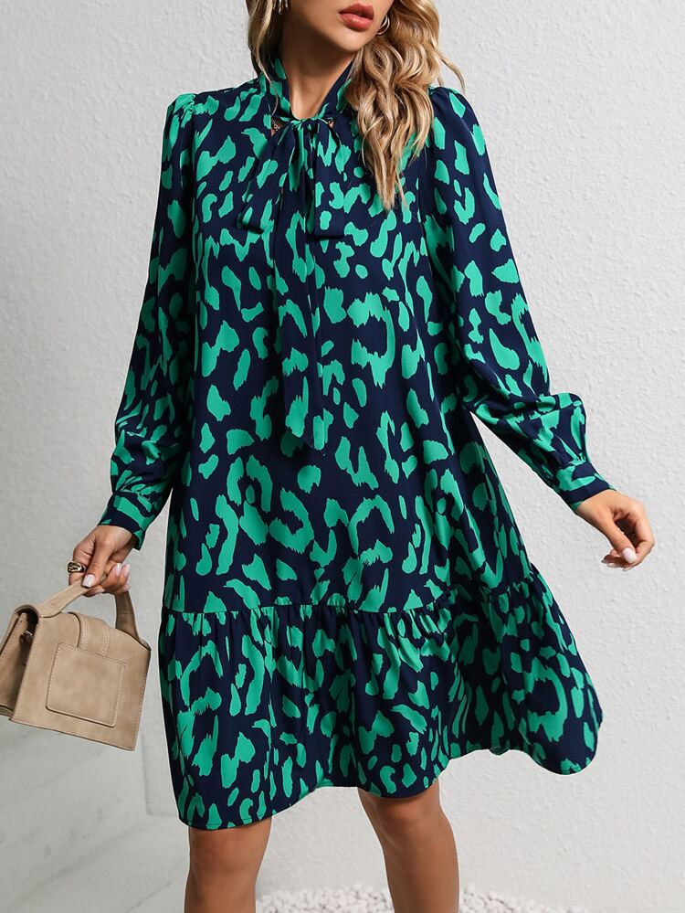 Allover Print Tie Neck Ruffle Hem Smock Dress | SHEIN