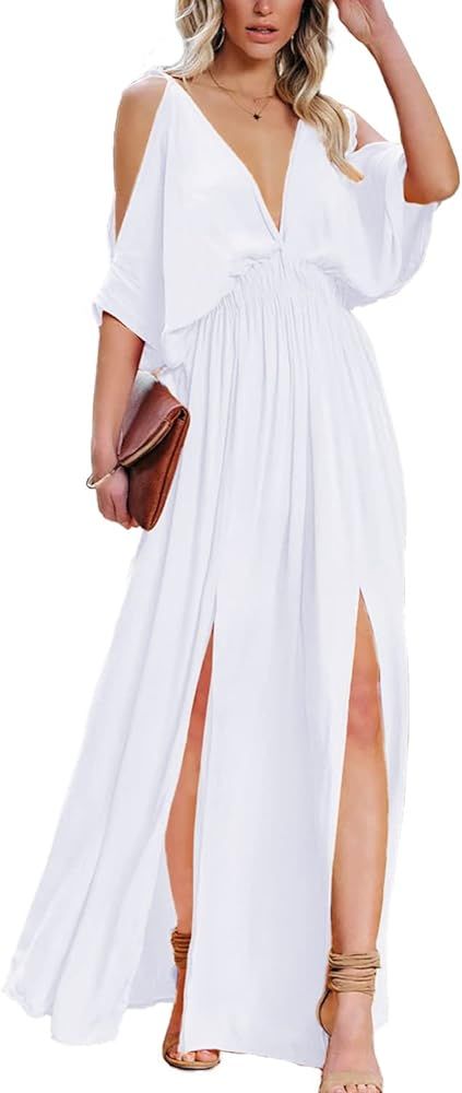 DEEP SELF Women Summer V Neck Cold Shoulder Short Sleeve Maxi Dress High Waist Split Wedding Gues... | Amazon (US)