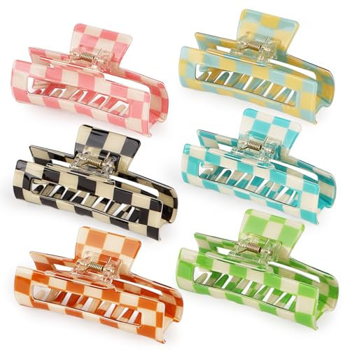 Airsky 6 Pcs Checkered Claw Clips- 3.9” Larger Colorful Hair Clips with Strong Hold for Long Thick Hair, Cute Claw Clip Bulk in Stylish Y2k Checkered Design for Girl, Women 90s Party Hair Accessories | Amazon (US)