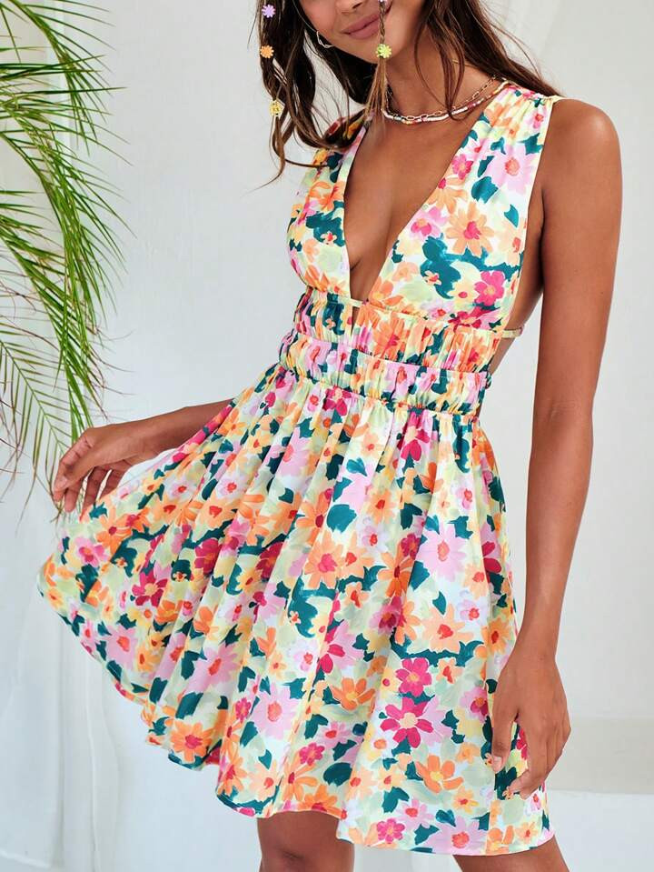 SHEIN VCAY Allover Floral Print Plunging Neck Dress | SHEIN