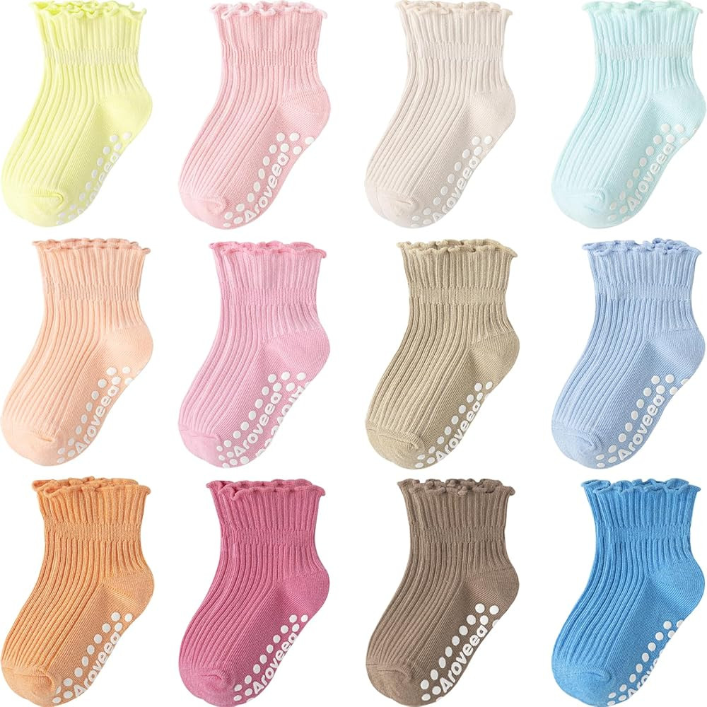 Baby Toddler Girls Socks Grip Ruffle Non Slip Girls Cotton 12 Pack Socks for Kids Cute Ankle 6M-7... | Amazon (US)