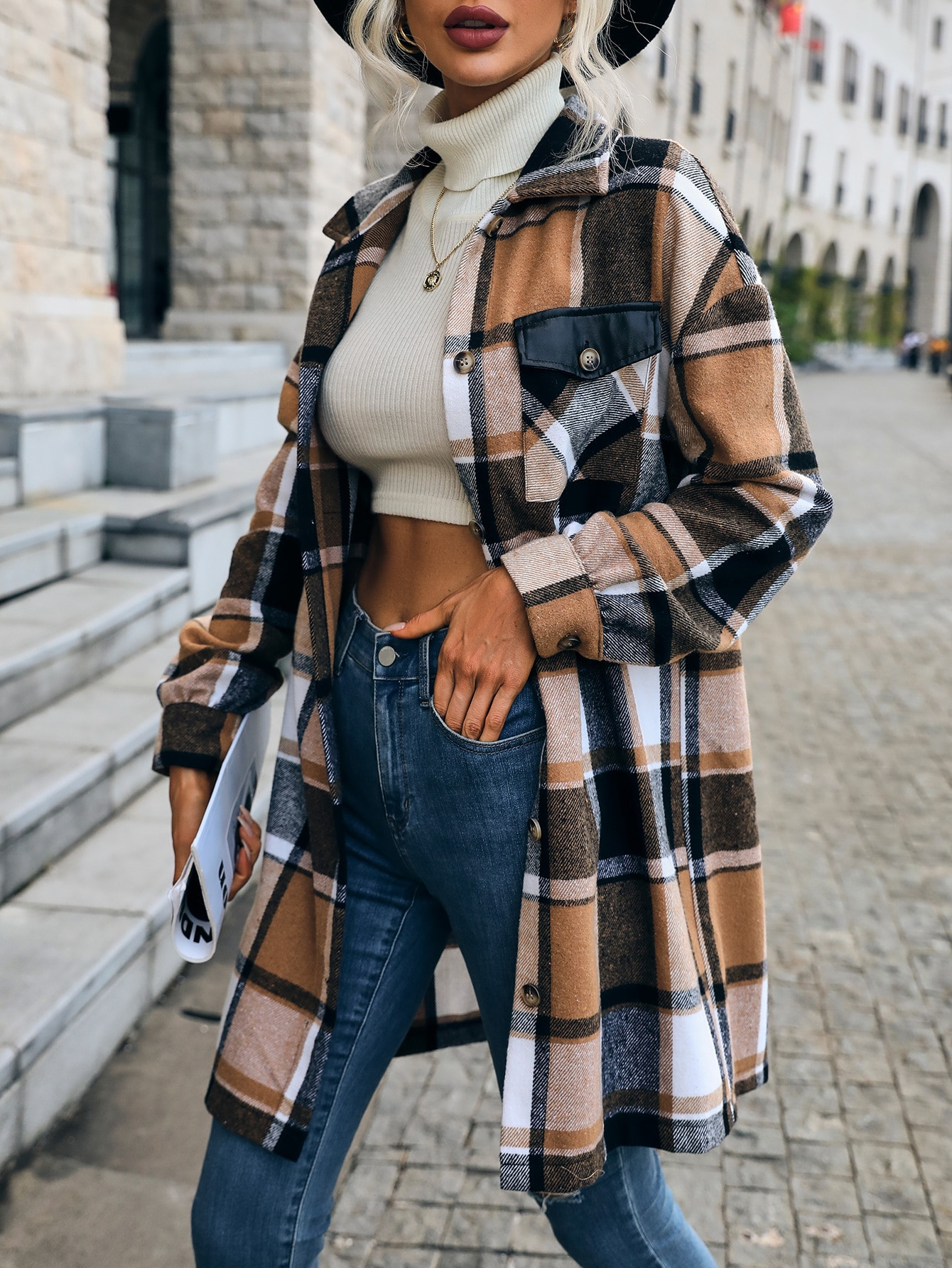 SHEIN Essnce Plaid Print Drop Shoulder Flap Pocket Overcoat | SHEIN