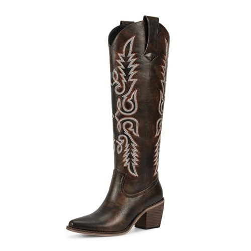 wetkiss Womens Chocolate Brown Tall Cowboy Boots Side Zipper Dark Brown Cowgirl Boots Knee High Woman Western Retro Vintage Embroidery Pointed Toe Chunky Heel Ladies Size 11 | Amazon (US)