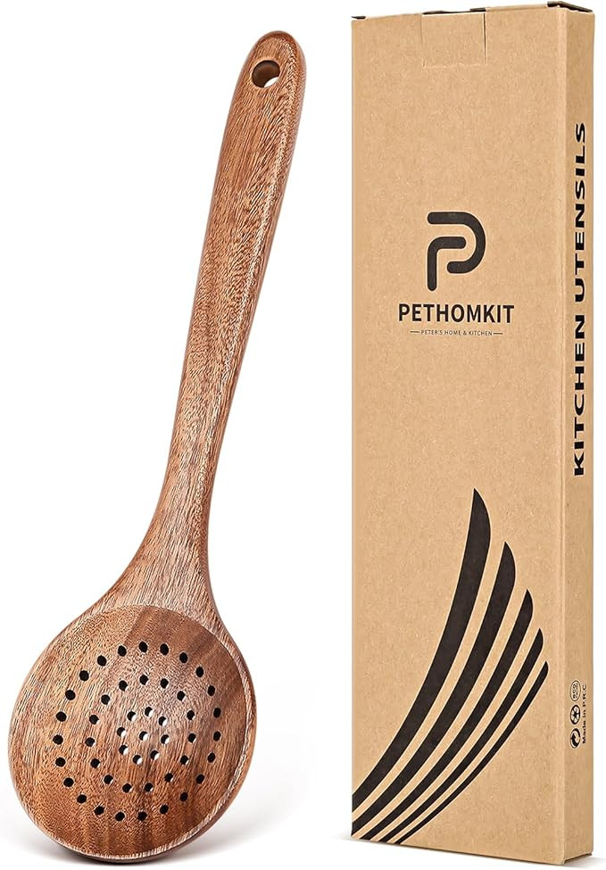 Wooden Cooking Utensil, Teak Slotted Spoon for Cooking, Natural Wood Colander Ladle Spoon with Ho... | Amazon (US)