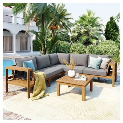 4-Piece Outdoor Acacia Wood Sofa Set with Woven Mesh Armrests & Coffee Table – L-Shaped Patio Conversation Set, Gray Cushions | Wayfair North America