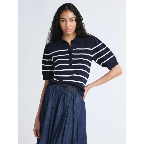 Free Assembly Women's Collared Sweater Tee with Puff Sleeves, Lightweight, Sizes XS-XXL | Walmart (US)