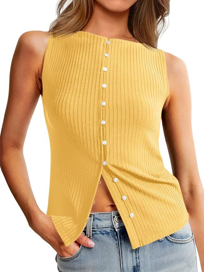 Tankaneo Womens Button Down Ribbed Tank Tops Cropped Cute Y2k Vest Tops Summer Going Out Outfits | Amazon (US)