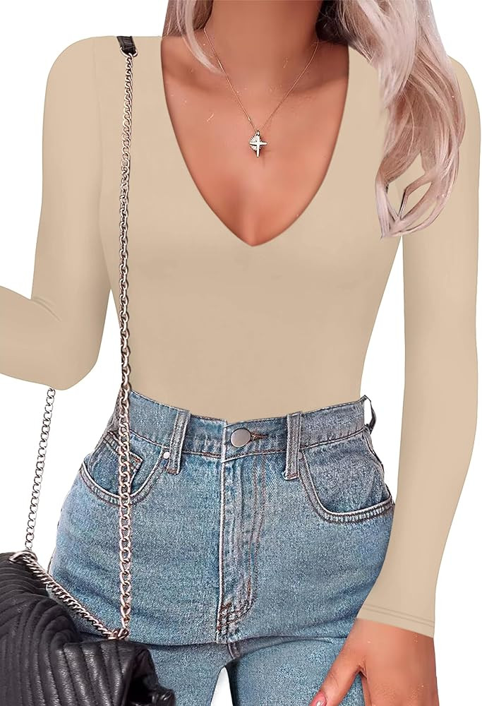 SAUNGKUAI Women's Plunge Deep V Neck Long Sleeve Bodysuit Double Lined Thong Body Suit Shirt Tops | Amazon (US)