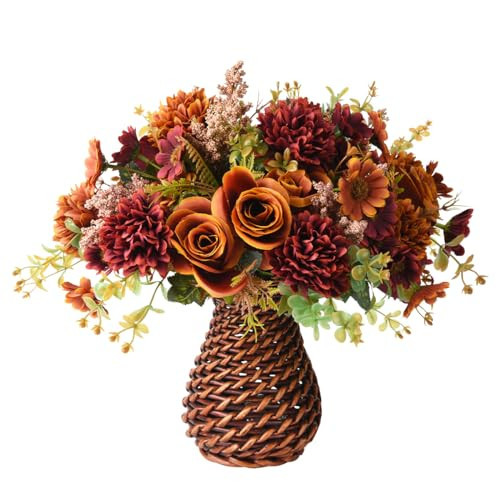 Fall Artificial Faux Flowers in Vase Fake Silk Rose Bouquets Indoor Decor | Amazon (US)