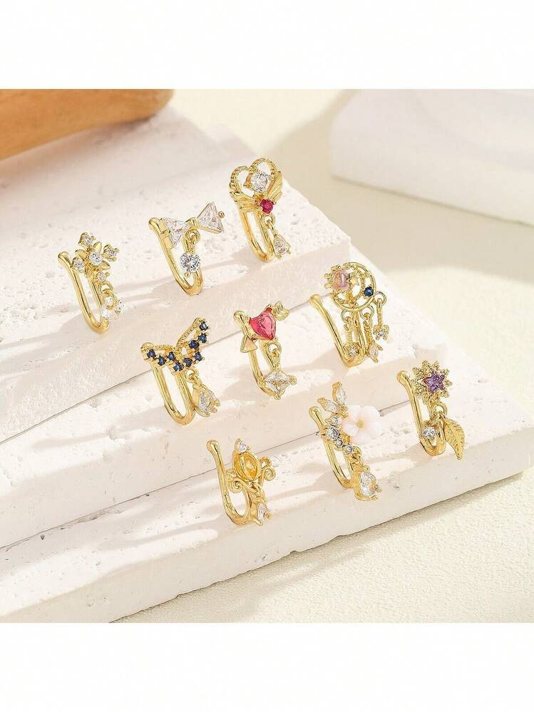 9pcs European & American Style Adjustable U-Shaped Micro-Inlaid Zirconia Nose Clip & Ear Clip 2-I... | SHEIN