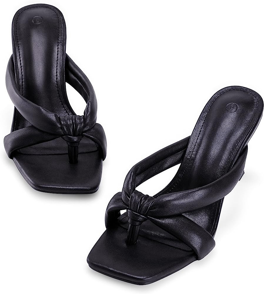 Coutgo Womens Thong Heels Mules Square Toe Heeled Flip Flops Mule Sexy Stiletto Dress Party Sanda... | Amazon (US)