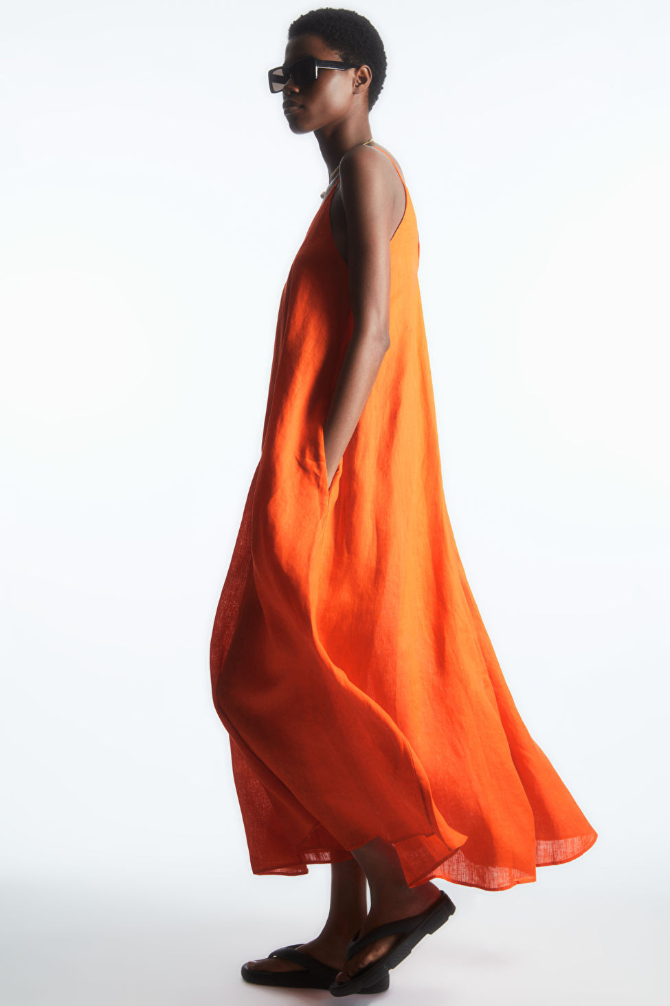 PLEATED V-NECK LINEN MIDI DRESS - BRIGHT ORANGE - COS | COS UK