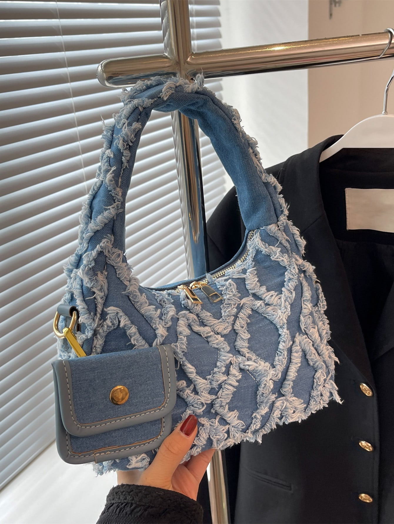 Bolso hobo ribete con fleco mezclilla con monedero | SHEIN