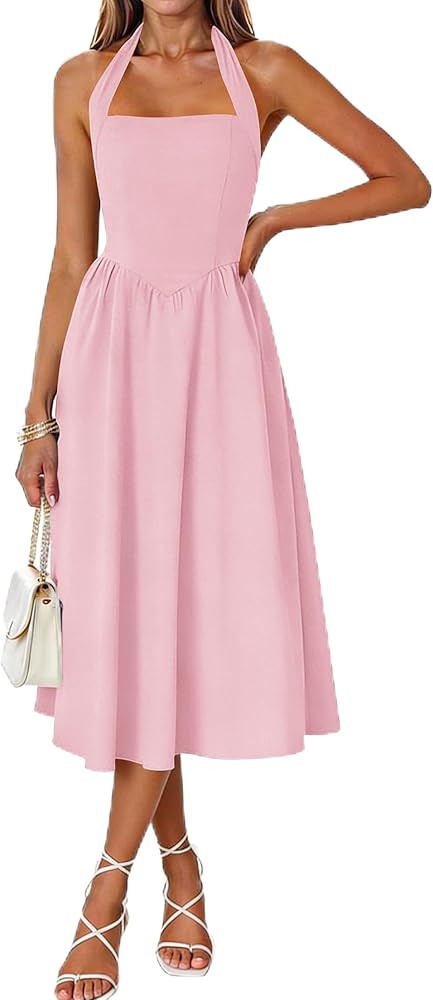 Naggoo Women's Summer Halter Midi Dress Sleeveless High Waist Swing Beach Long Dresses | Amazon (US)