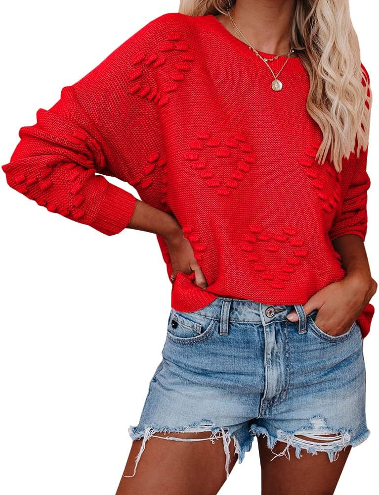 Tutorutor Womens Cute Heart Love Print Sweater Tops Oversized Crew Neck Dot Ball Loose Knitted Sp... | Amazon (US)