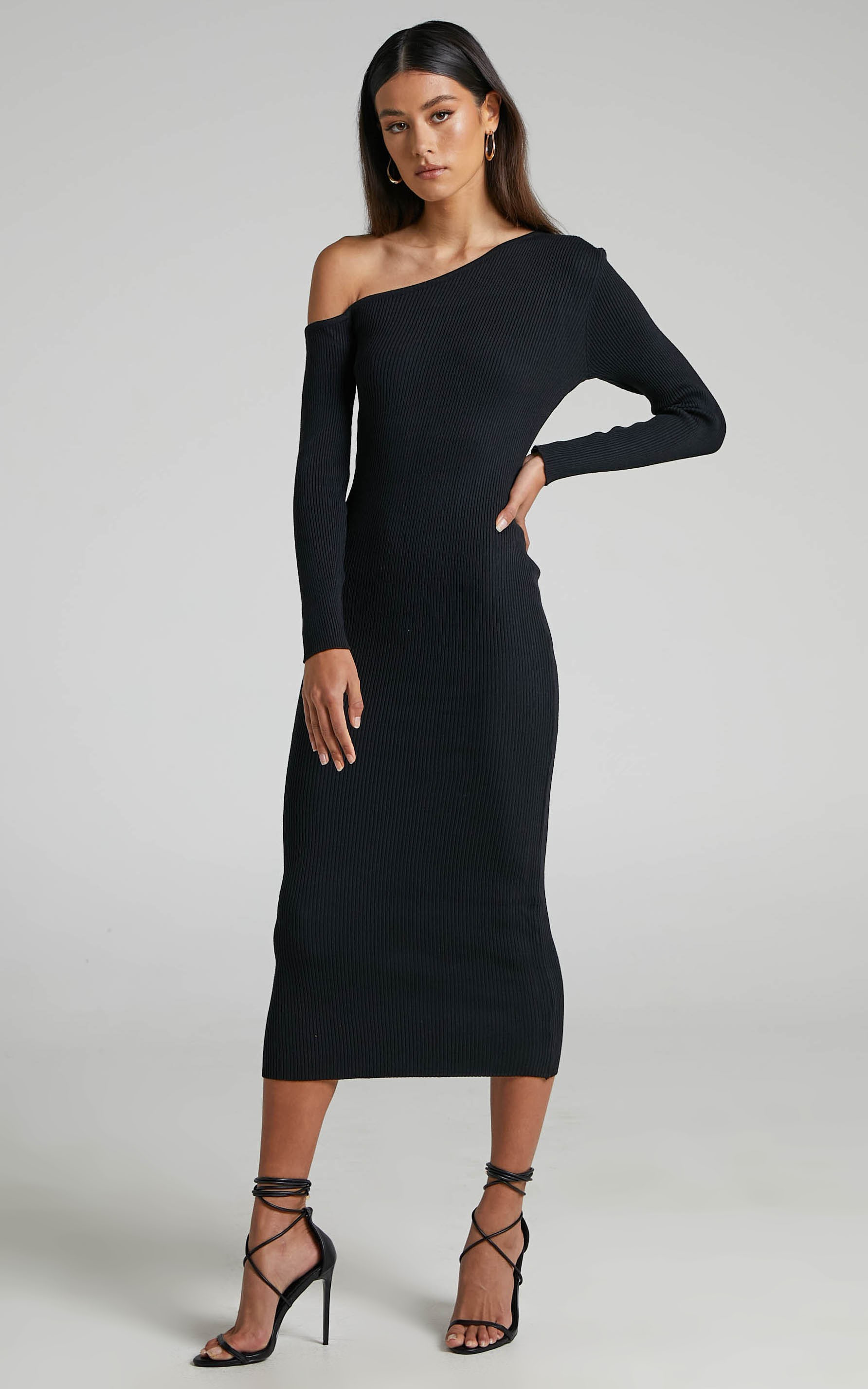 Mylane Off Shoulder Long Sleeve Knit Midi Dress in Black | Showpo (US, UK & Europe)
