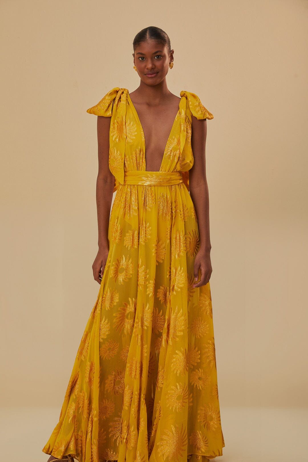 Yellow Gold Sun Jacquard Maxi Dress | FarmRio