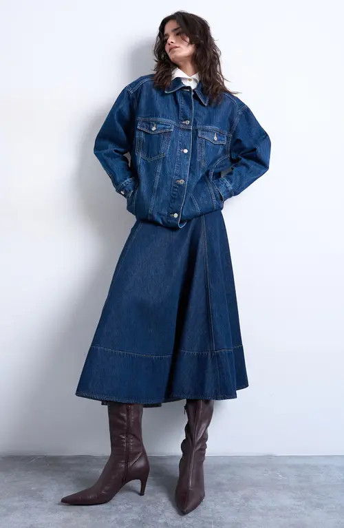 Topshop Dropped Waist Denim Skirt in Medium Blue at Nordstrom, Size 16 | Nordstrom