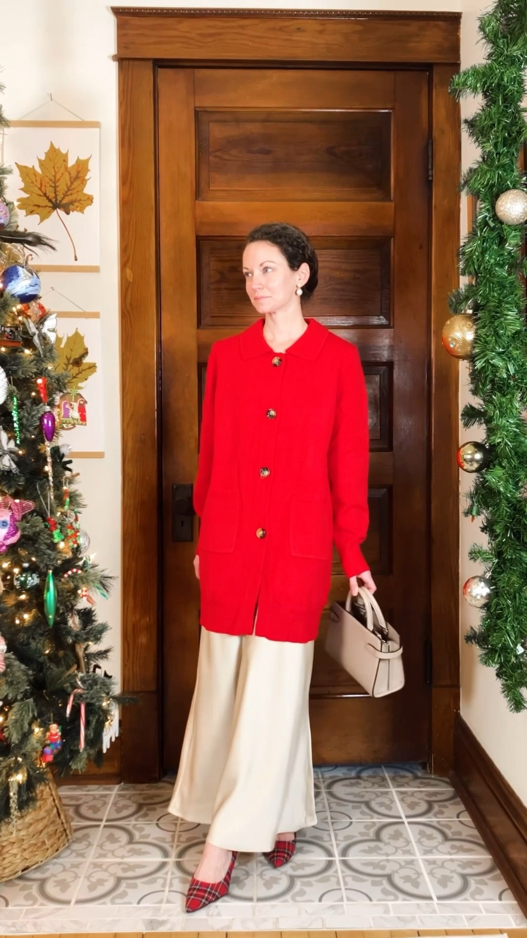 A bright red cardigan and cream satin skirt from Amazon for a perfect Christmas look!
Petite outfit. Christmas outfit. Modest outfit. Classic outfit. 

#LTKHoliday #LTKgrwm #LTKOver40