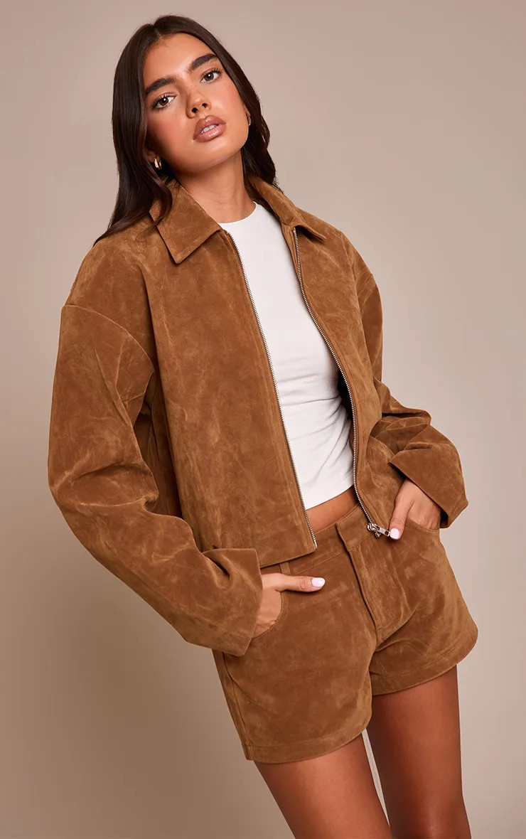 Tan Suede Zip Up Pleated Cropped Jacket Co-ord | PLT | PrettyLittleThing UK
