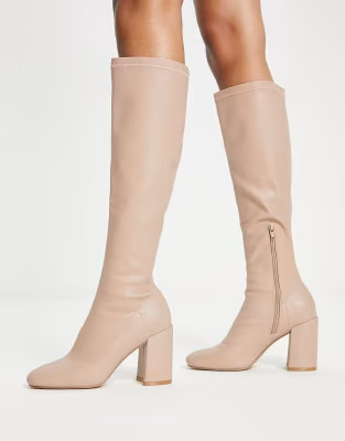 London Rebel knee high sock boots in beige | ASOS (Global)