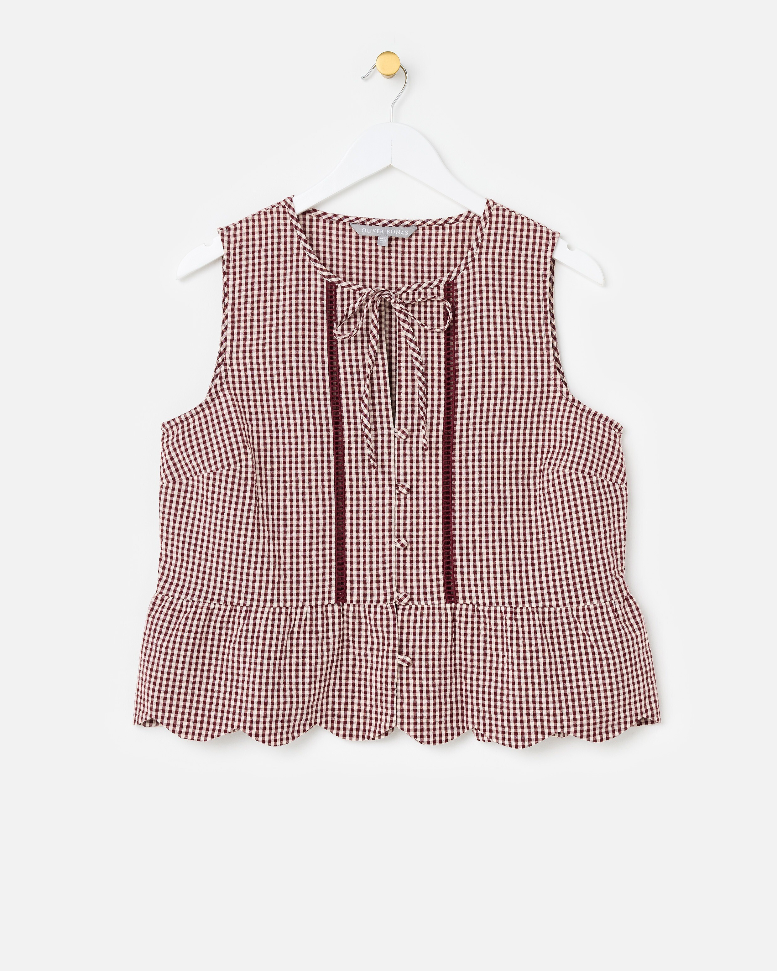 Burgundy Gingham Sleeveless Peplum Top, size 14 | Oliver Bonas (Global)