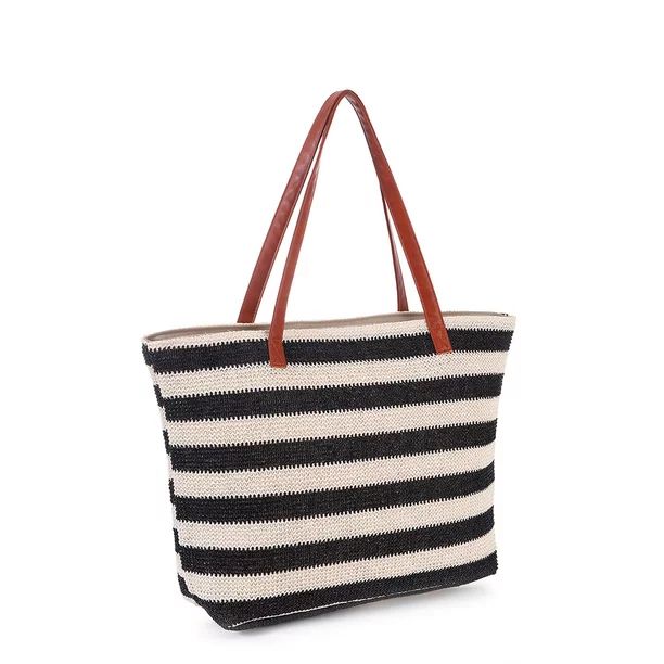 Extra Large Sandproof Straw Beach Bag with Zipper , Stripe Big Bags Tote with Inner Pockets , Tra... | Walmart (US)