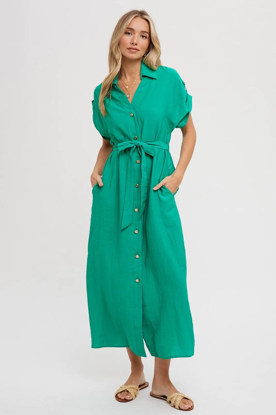 Green Button Front Belted Short Sleeve Midi Dress | PinkBlush Maternity