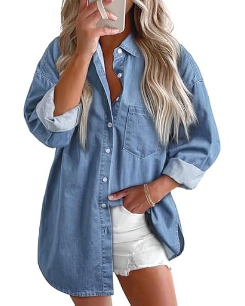 BTFBM Womens Button Down Denim Shirts Fall Lapel V Neck Lightweight Oversized Long Sleeve Thin Ca... | Amazon (US)