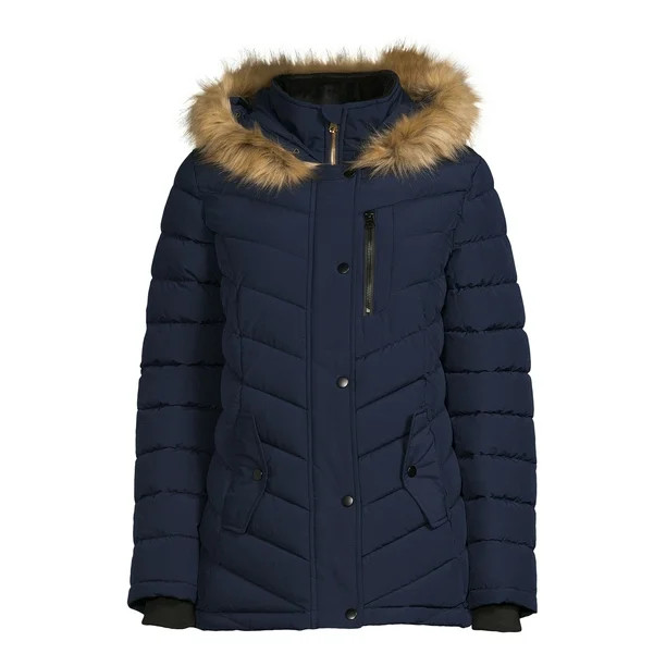 Swiss Tech Women's Bibbed Solarball Puffer Coat with Faux Fur Trimmed Hood - Walmart.com | Walmart (US)