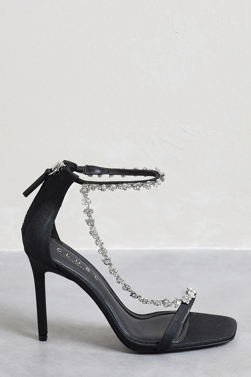 Oh Please | Black Strappy Heeled Sandals With Diamante Chains | Club L London