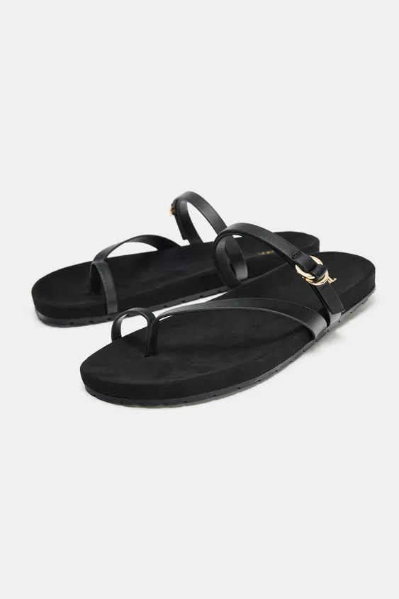 FLAT LEATHER STRAP SANDALS | Zara UK