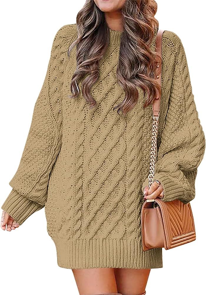 ANRABESS Women Crewneck Long Sleeve Oversized Cable Knit Chunky Pullover Short Sweater Dresses | Amazon (US)