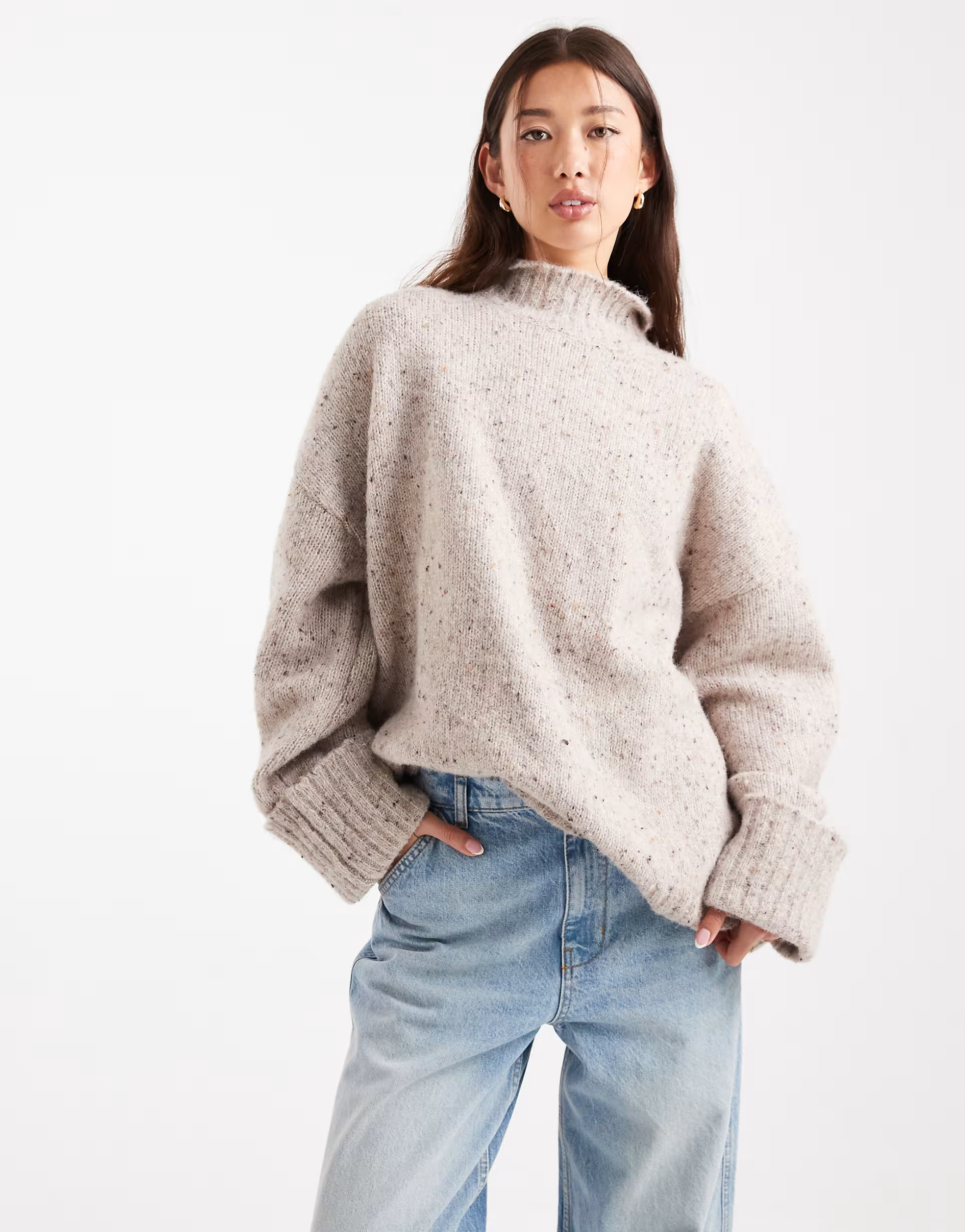 ASOS DESIGN knit longline funnel neck sweater in multiply oatmeal | ASOS (Global)